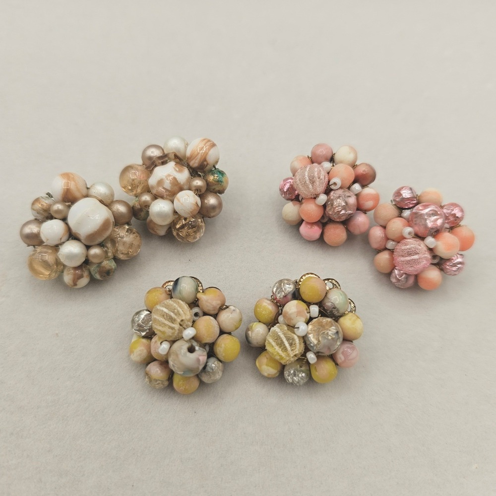 Vintage Beaded Cluster Clip On Earrings‎ Lot 3 Pairs Kramer Japan Sugar Beads